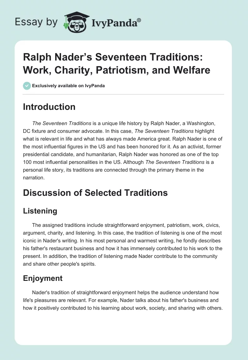 Ralph Nader’s Seventeen Traditions: Work, Charity, Patriotism, and Welfare. Page 1