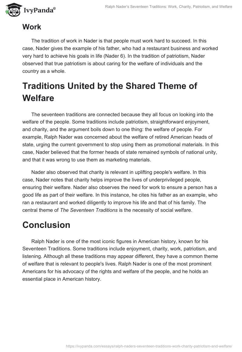 Ralph Nader’s Seventeen Traditions: Work, Charity, Patriotism, and Welfare. Page 2