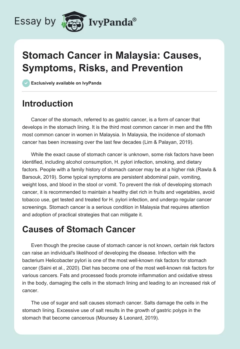 Stomach Cancer in Malaysia: Causes, Symptoms, Risks, and Prevention. Page 1