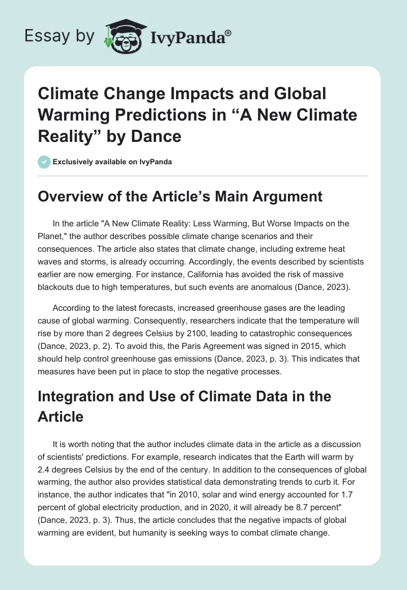 Climate Change Impacts and Global Warming Predictions in “A New Climate Reality” by Dance. Page 1