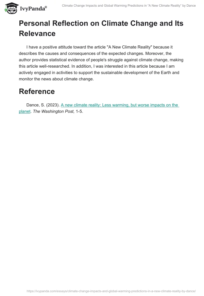 Climate Change Impacts and Global Warming Predictions in “A New Climate Reality” by Dance. Page 2