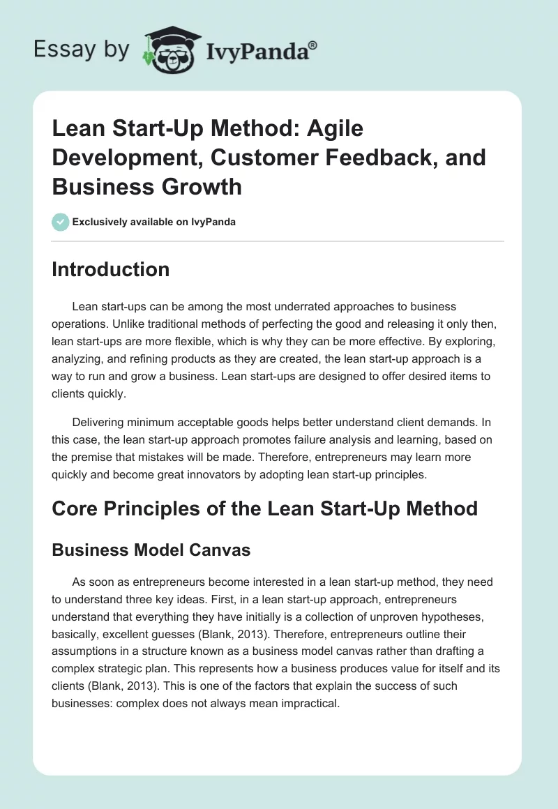 Lean Start-Up Method: Agile Development, Customer Feedback, and Business Growth. Page 1