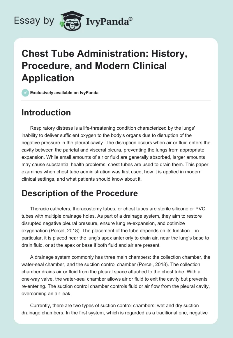 Chest Tube Administration: History, Procedure, and Modern Clinical Application. Page 1