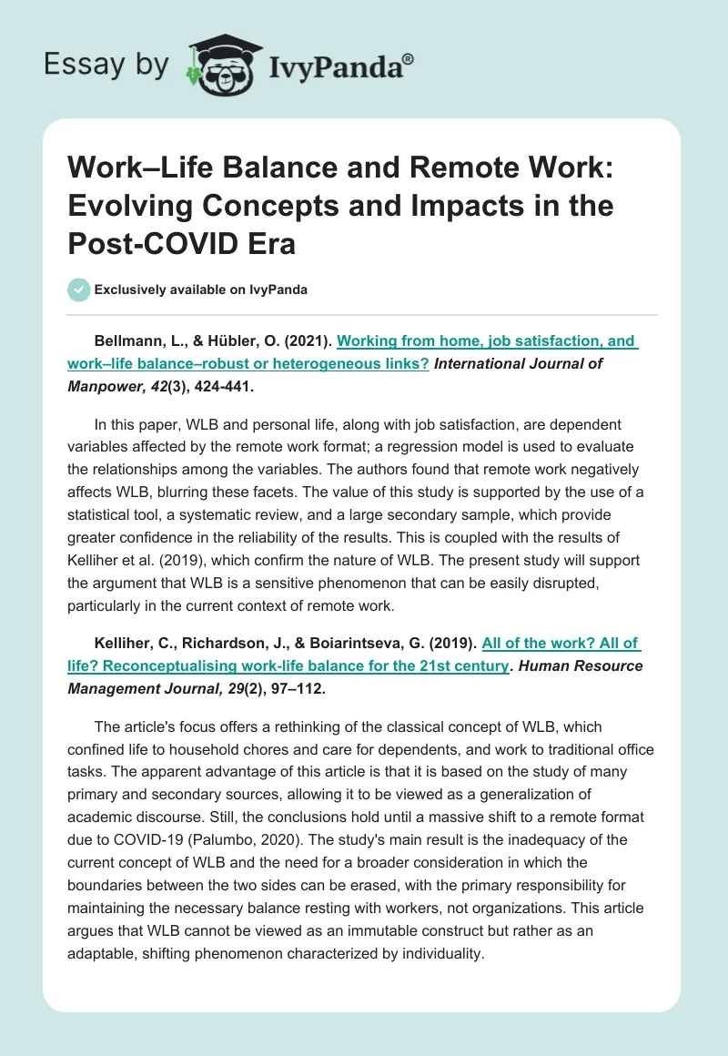Work–Life Balance and Remote Work: Evolving Concepts and Impacts in the Post-COVID Era. Page 1