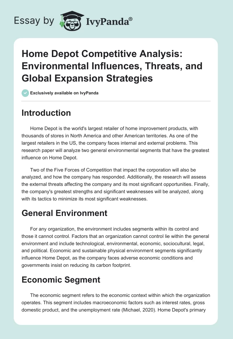 Home Depot Competitive Analysis: Environmental Influences, Threats, and Global Expansion Strategies. Page 1
