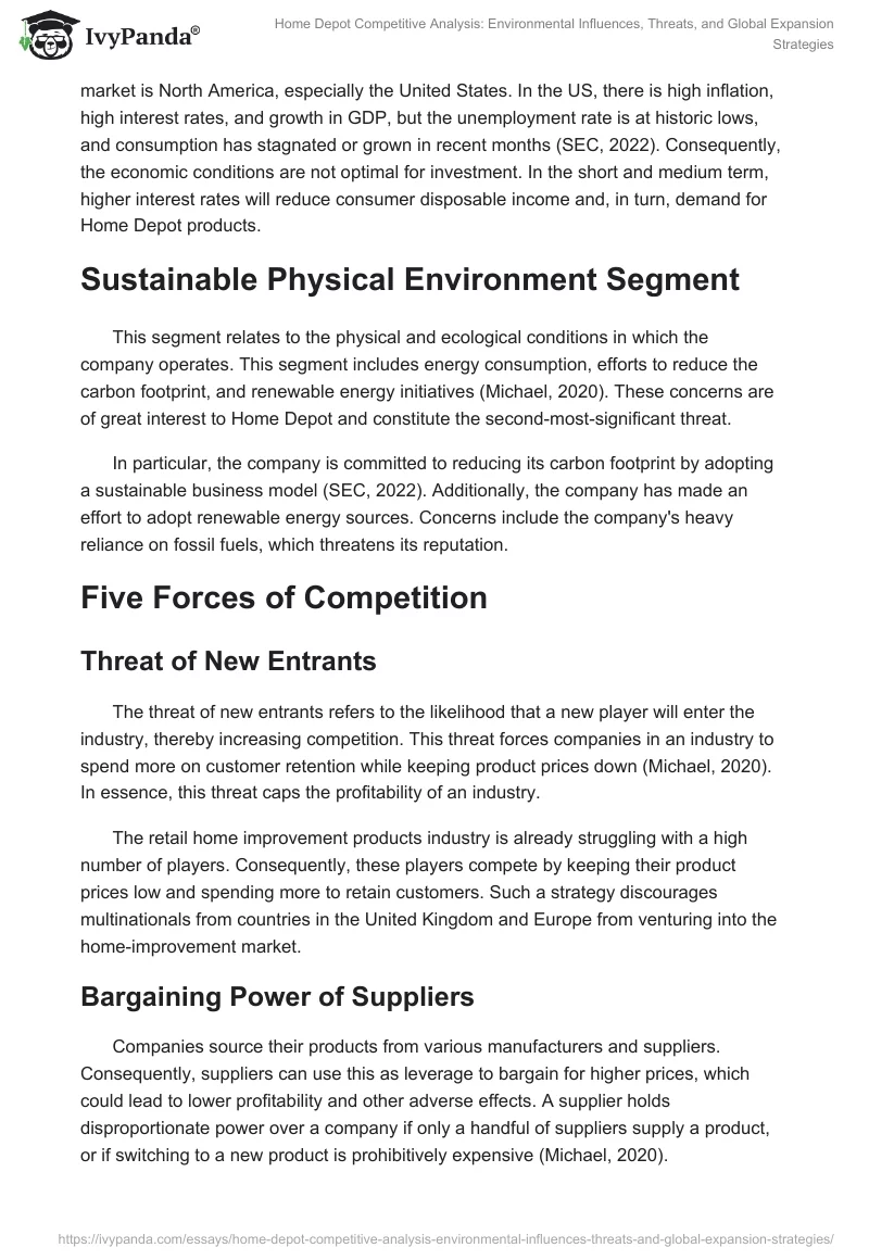 Home Depot Competitive Analysis: Environmental Influences, Threats, and Global Expansion Strategies. Page 2