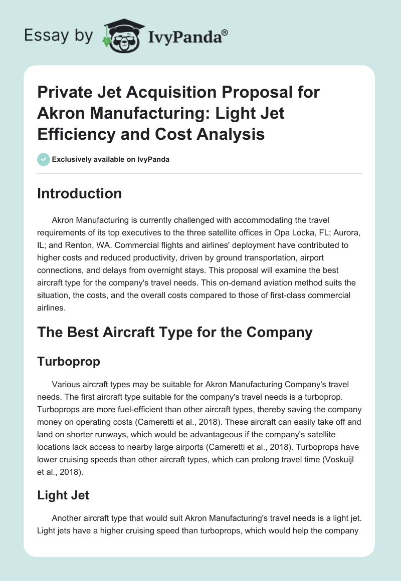 Private Jet Acquisition Proposal for Akron Manufacturing: Light Jet Efficiency and Cost Analysis. Page 1