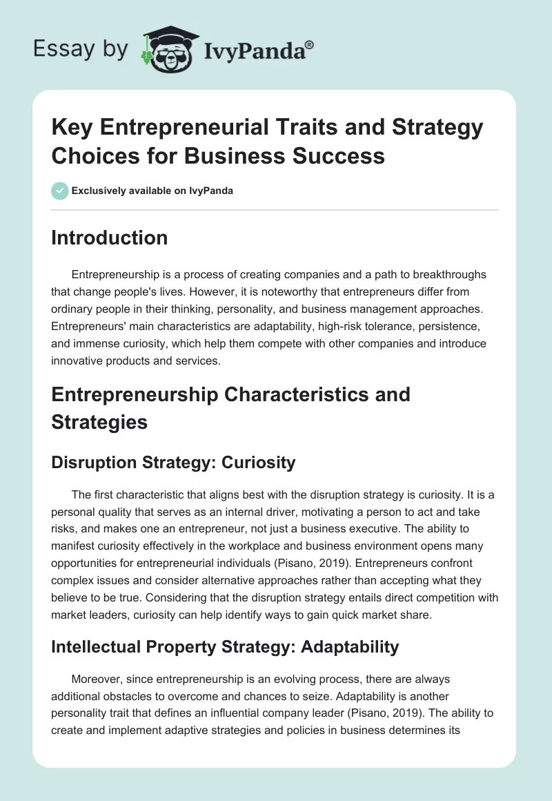 Key Entrepreneurial Traits and Strategy Choices for Business Success. Page 1