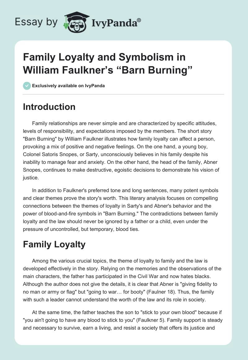 Family Loyalty and Symbolism in William Faulkner’s “Barn Burning”. Page 1