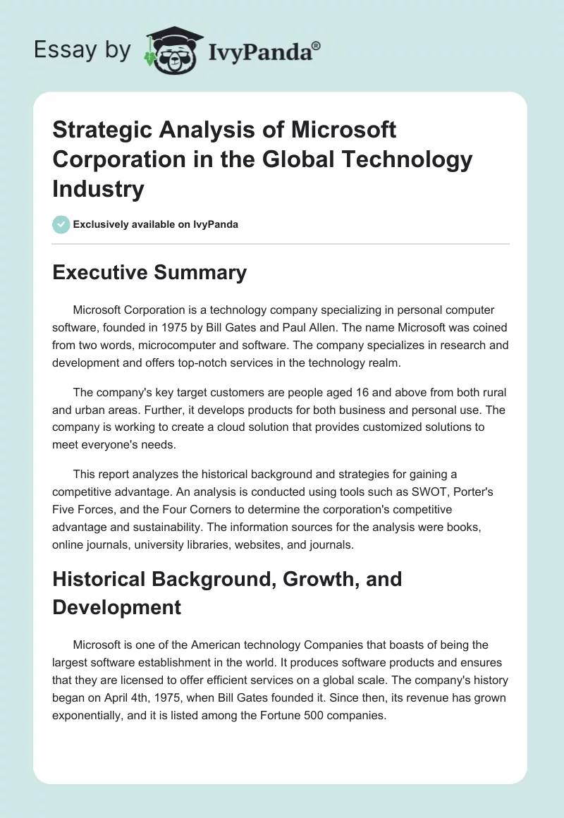Strategic Analysis of Microsoft Corporation in the Global Technology Industry. Page 1