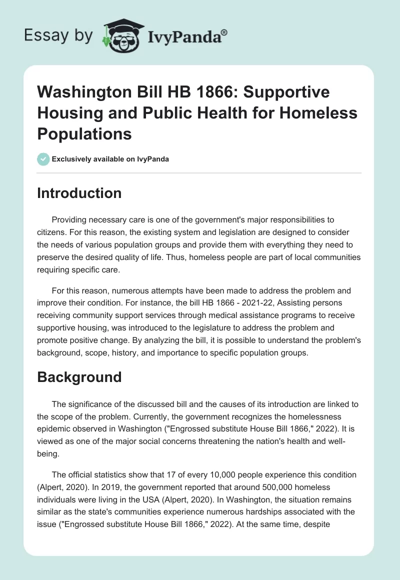 Washington Bill HB 1866: Supportive Housing and Public Health for Homeless Populations. Page 1