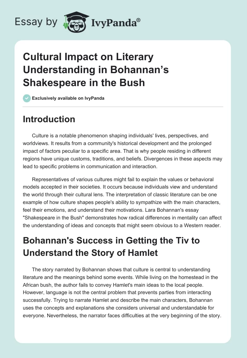 Cultural Impact on Literary Understanding in Bohannan’s Shakespeare in the Bush. Page 1