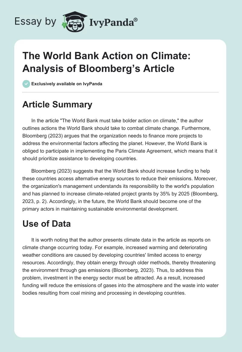 The World Bank Action on Climate: Analysis of Bloomberg’s Article. Page 1