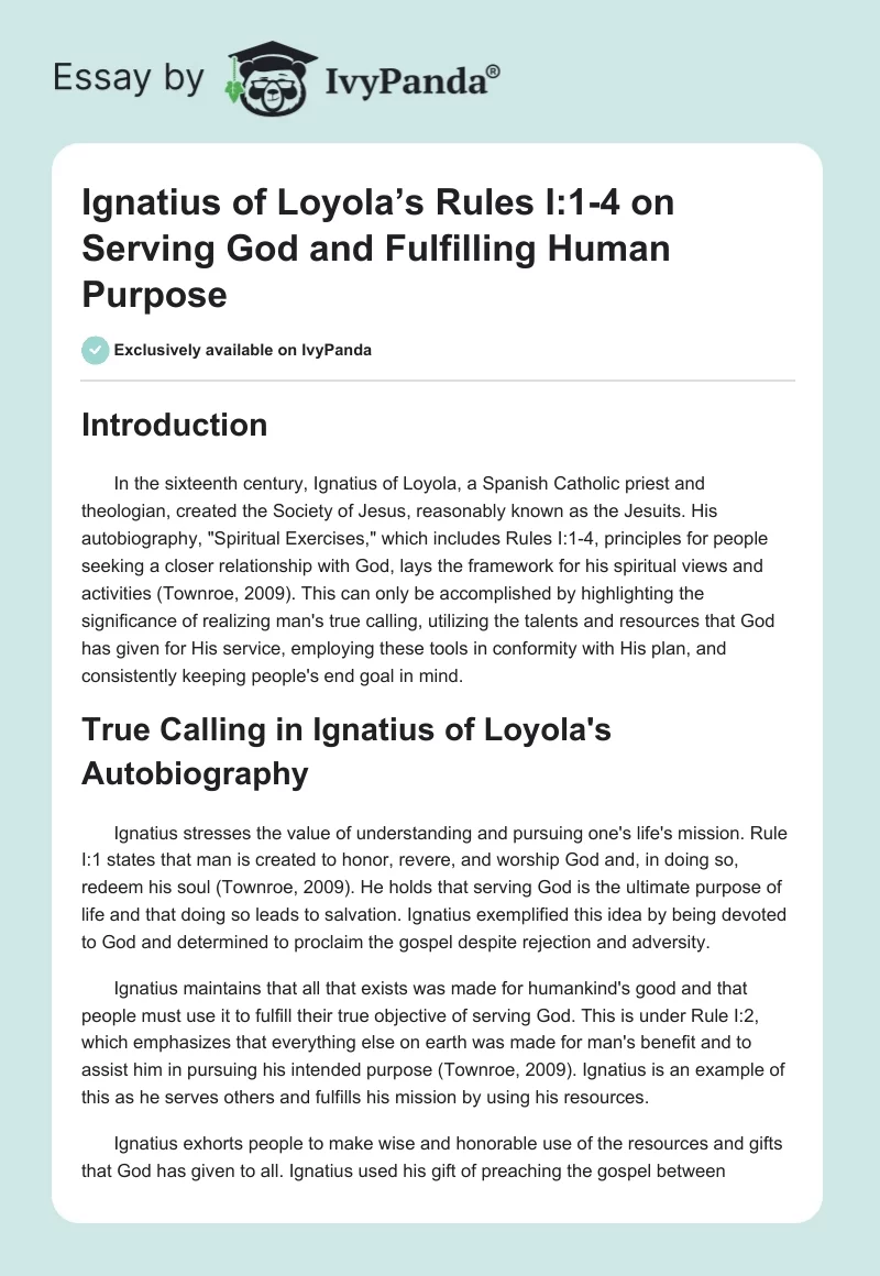 Ignatius of Loyola’s Rules I:1-4 on Serving God and Fulfilling Human Purpose. Page 1