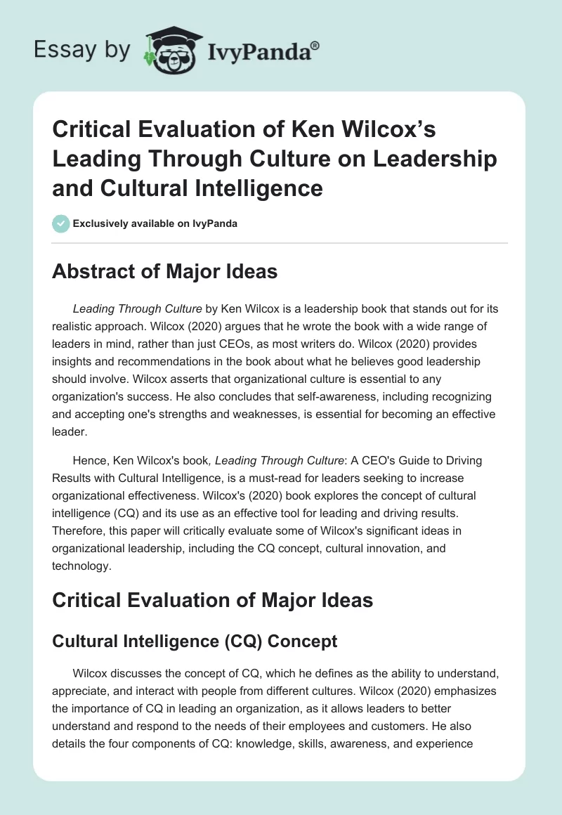 Critical Evaluation of Ken Wilcox’s Leading Through Culture on Leadership and Cultural Intelligence. Page 1