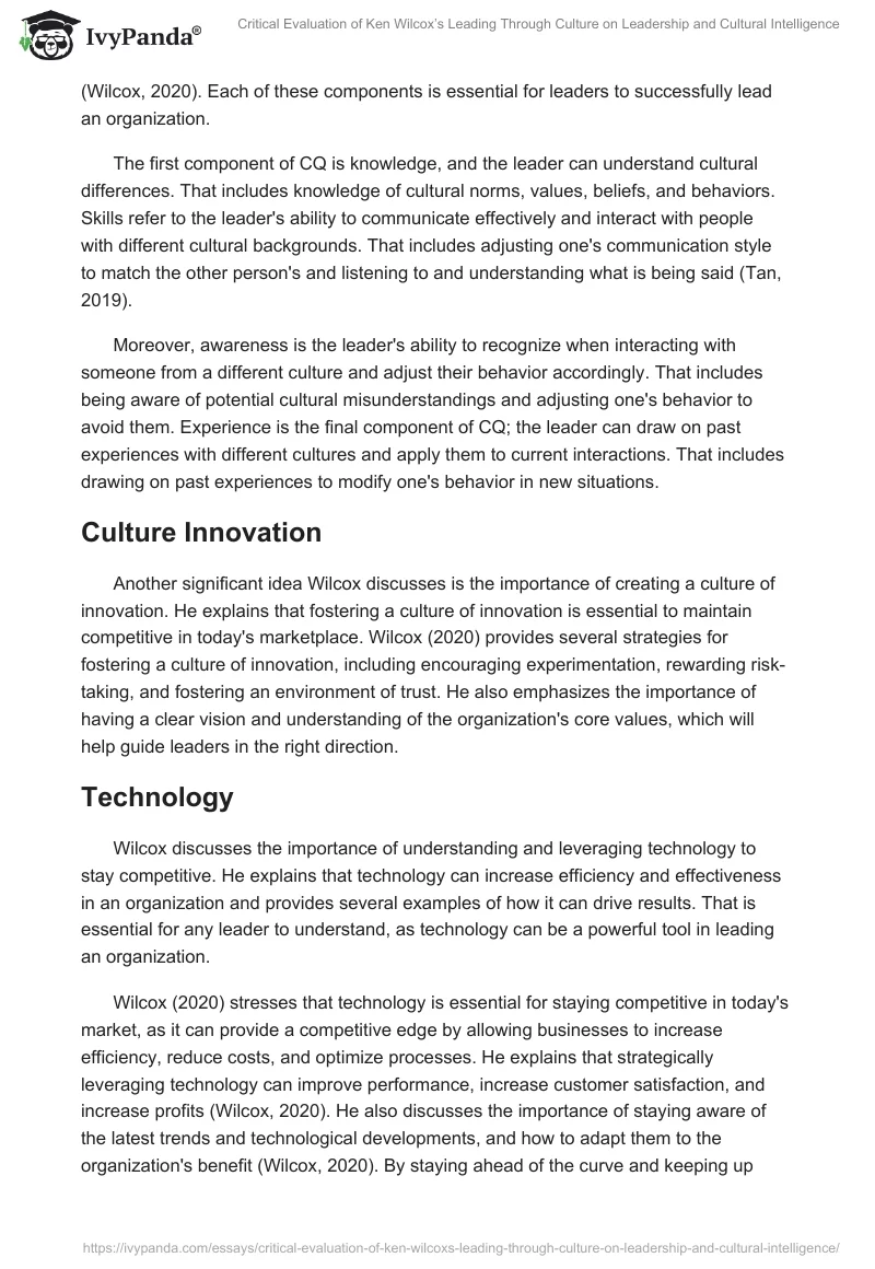 Critical Evaluation of Ken Wilcox’s Leading Through Culture on Leadership and Cultural Intelligence. Page 2