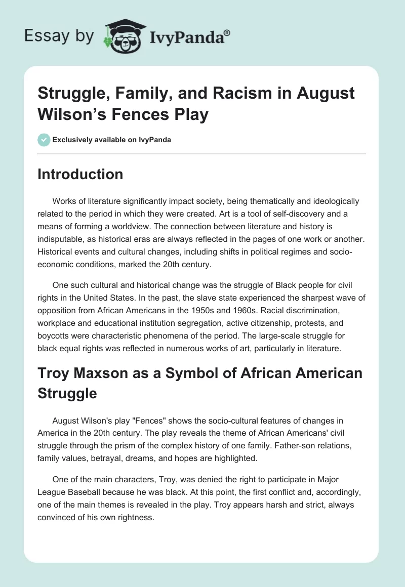 Struggle, Family, and Racism in August Wilson’s Fences Play. Page 1