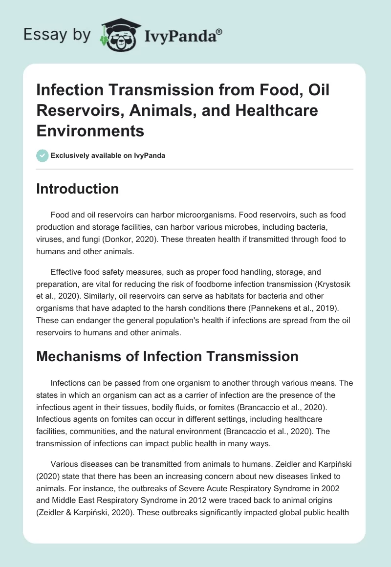 Infection Transmission from Food, Oil Reservoirs, Animals, and Healthcare Environments. Page 1