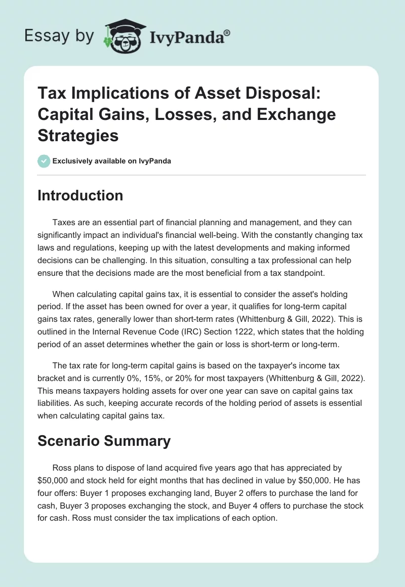 Tax Implications of Asset Disposal: Capital Gains, Losses, and Exchange Strategies. Page 1