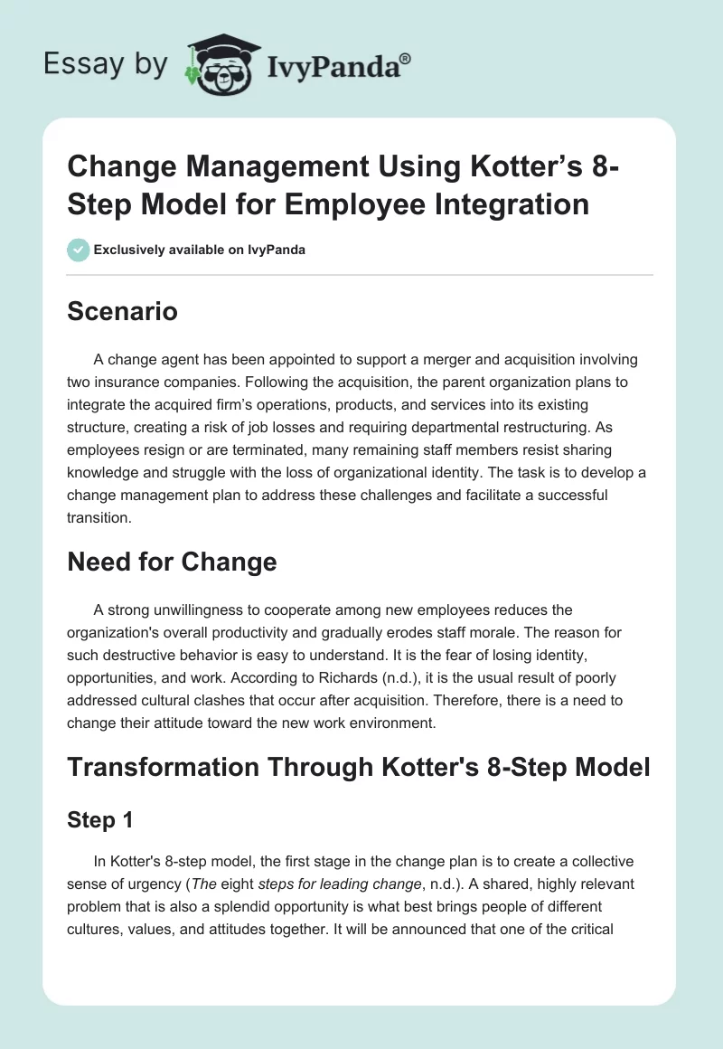 Change Management Using Kotter’s 8-Step Model for Employee Integration. Page 1