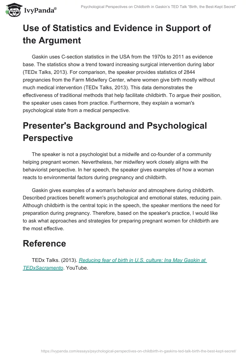 Psychological Perspectives on Childbirth in Gaskin’s TED Talk “Birth, the Best-Kept Secret”. Page 2