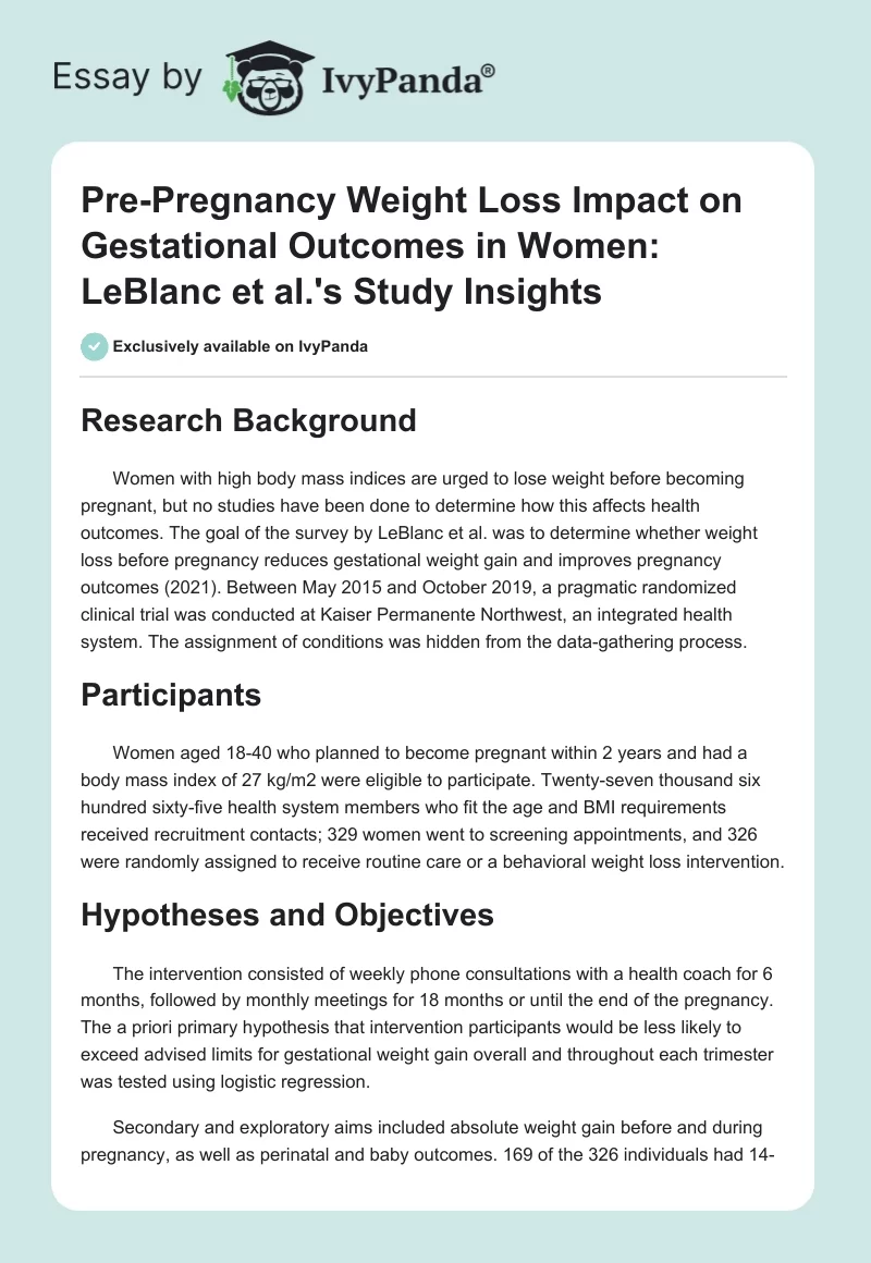 Pre-Pregnancy Weight Loss Impact on Gestational Outcomes in Women: LeBlanc et al.'s Study Insights. Page 1