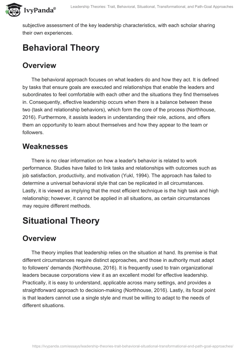 Leadership Theories: Trait, Behavioral, Situational, Transformational, and Path-Goal Approaches. Page 2