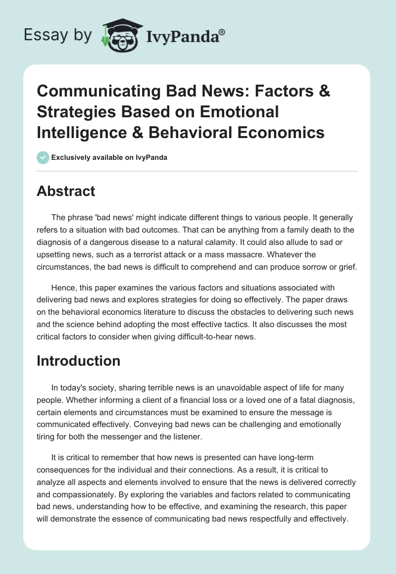 Communicating Bad News: Factors & Strategies Based on Emotional Intelligence & Behavioral Economics. Page 1