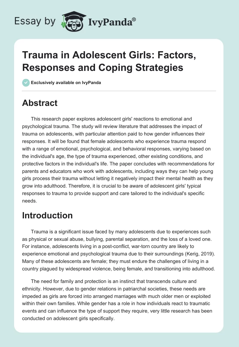 Trauma in Adolescent Girls: Factors, Responses and Coping Strategies. Page 1