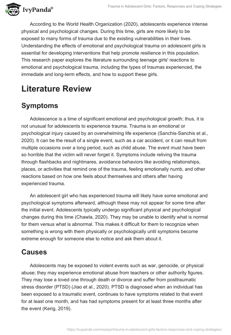 Trauma in Adolescent Girls: Factors, Responses and Coping Strategies. Page 2