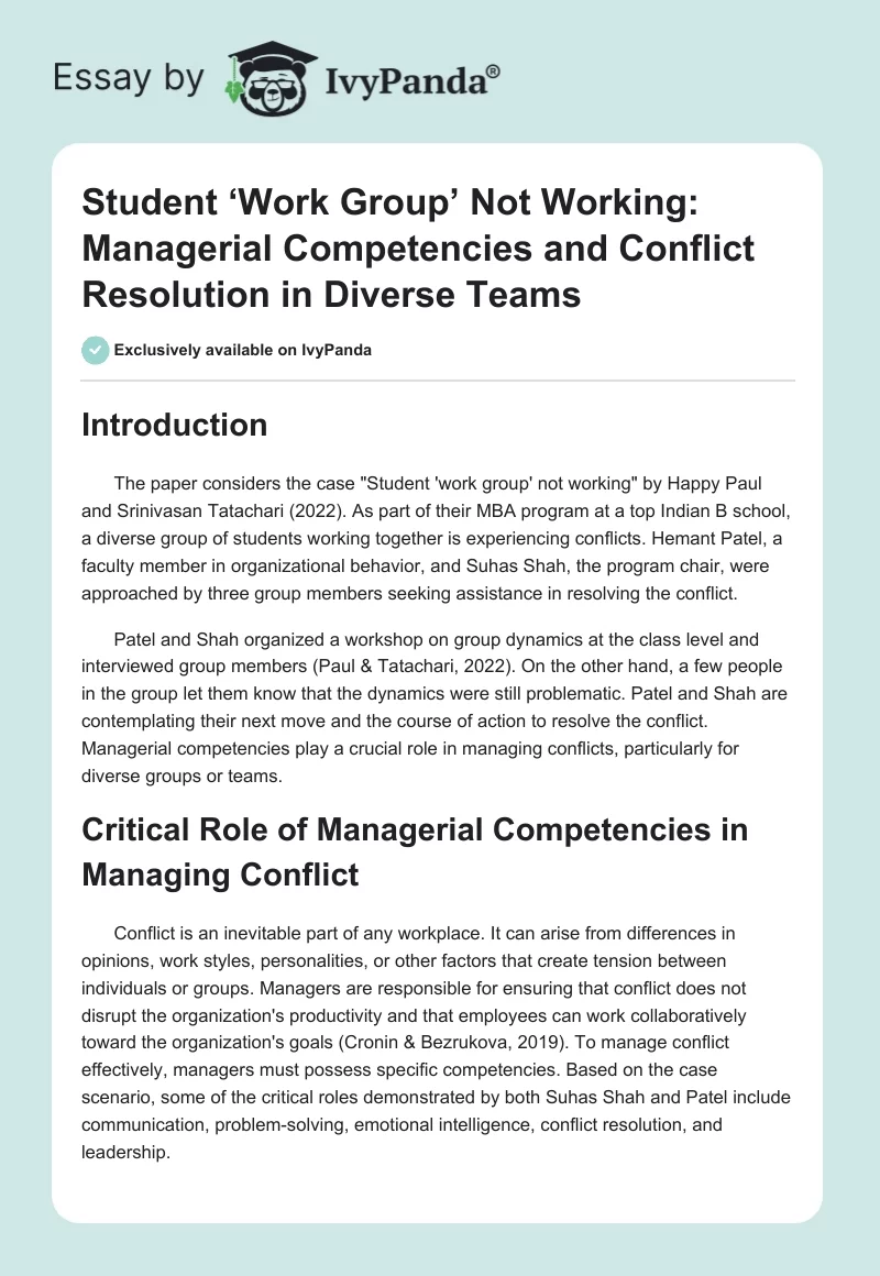 Student ‘Work Group’ Not Working: Managerial Competencies and Conflict Resolution in Diverse Teams. Page 1