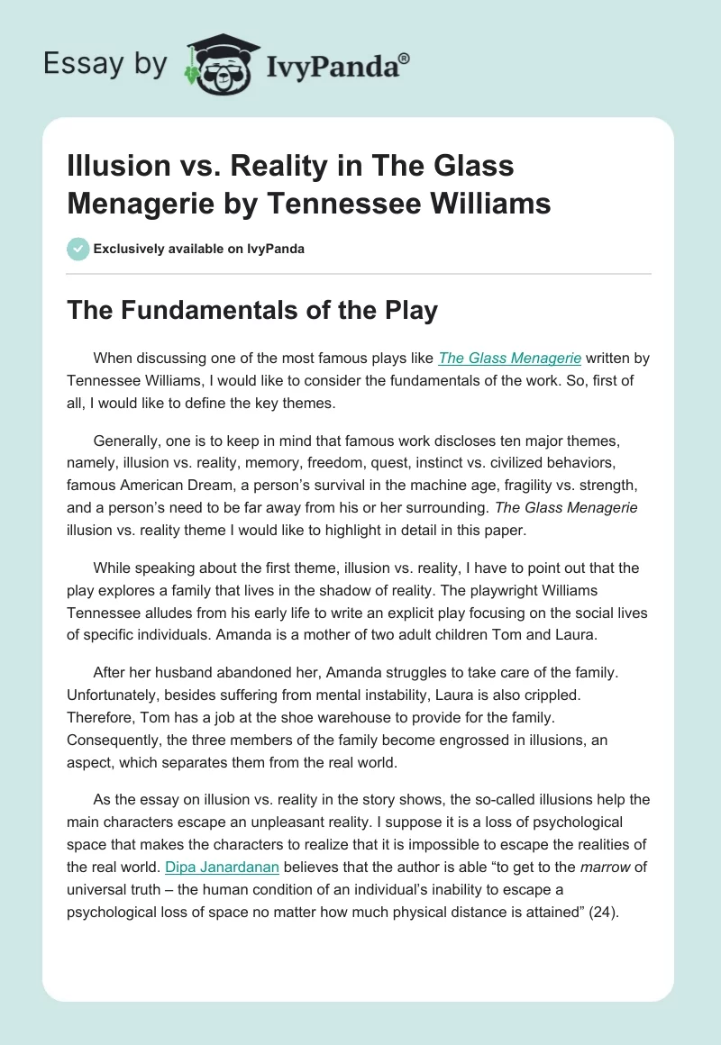 Illusion vs. Reality in "The Glass Menagerie" by Tennessee Williams. Page 1