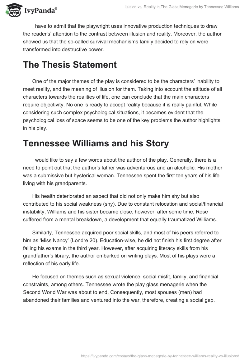 Illusion vs. Reality in "The Glass Menagerie" by Tennessee Williams. Page 2