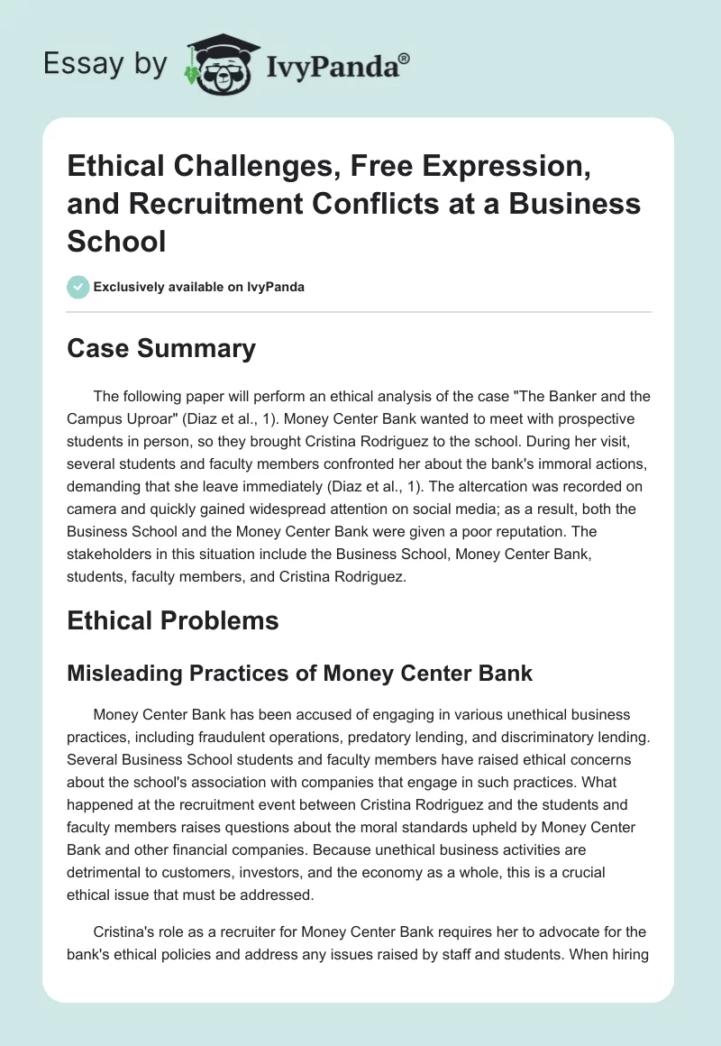 Ethical Challenges, Free Expression, and Recruitment Conflicts at a Business School. Page 1