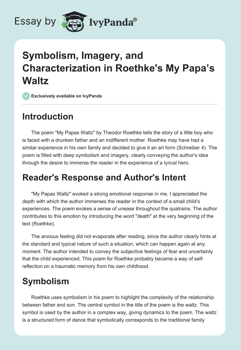 Symbolism, Imagery, and Characterization in Roethke's "My Papa’s Waltz". Page 1