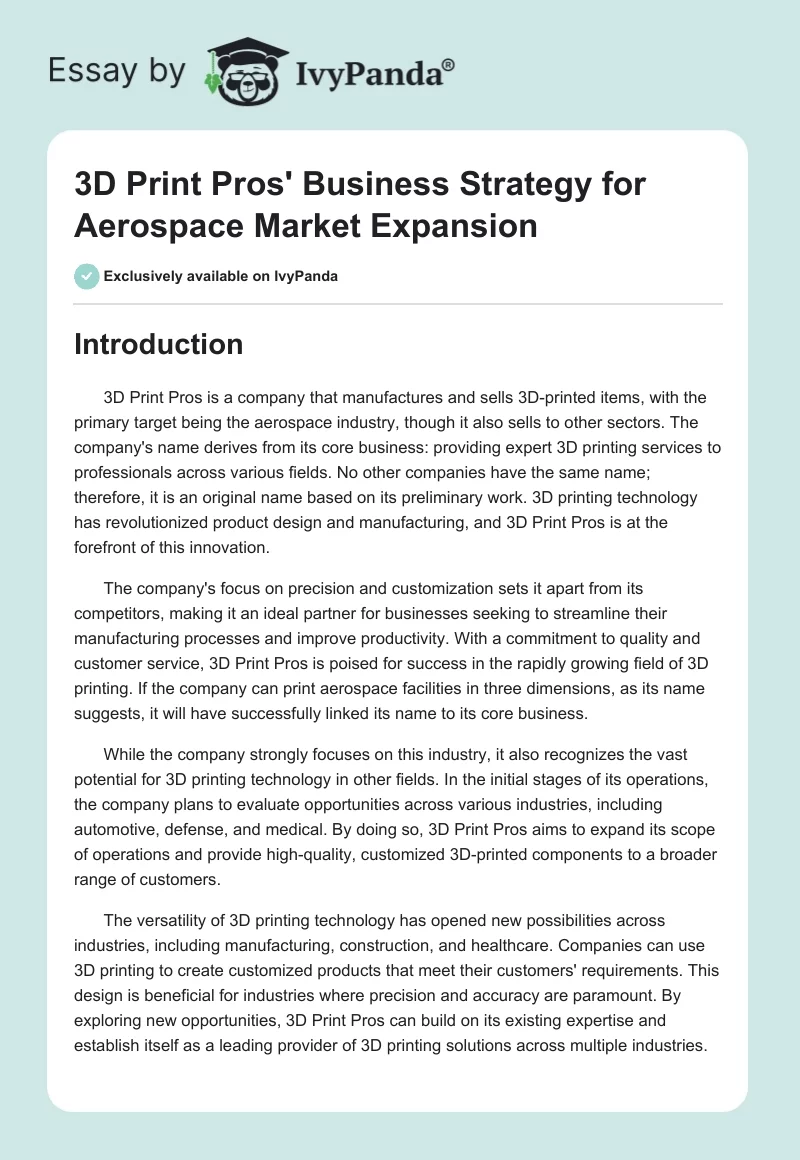 3D Print Pros' Business Strategy for Aerospace Market Expansion. Page 1