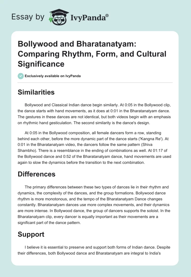 Bollywood and Bharatanatyam: Comparing Rhythm, Form, and Cultural Significance. Page 1