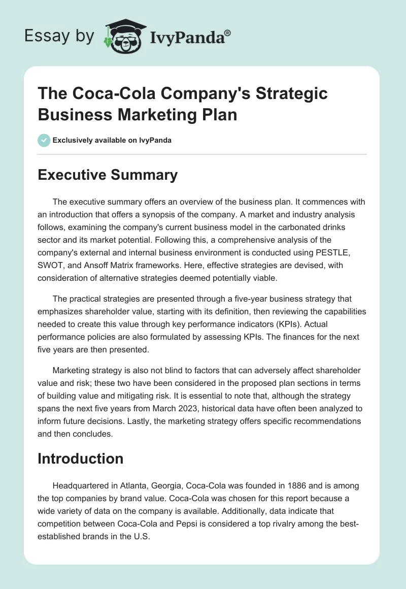 The Coca-Cola Company's Strategic Business Marketing Plan. Page 1