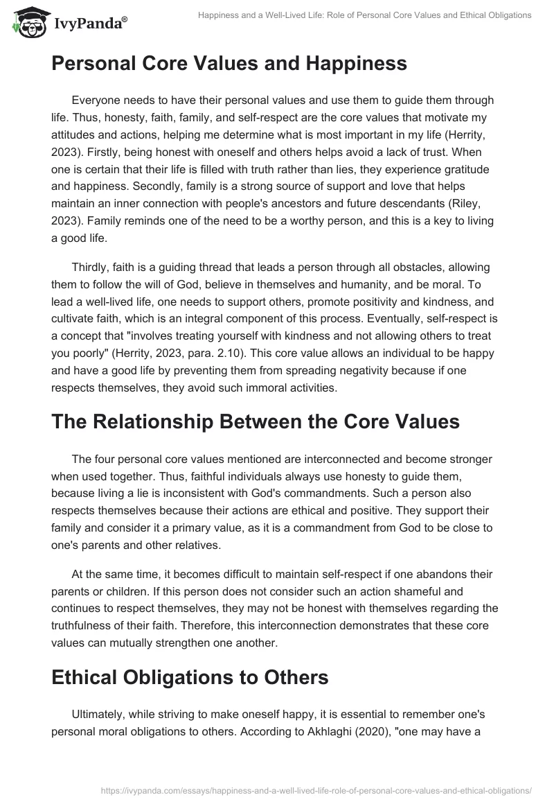 Happiness and a Well-Lived Life: Role of Personal Core Values and Ethical Obligations. Page 2