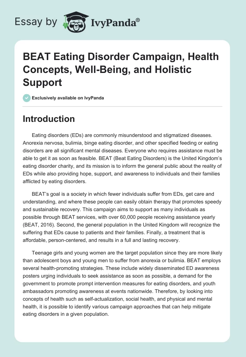 BEAT Eating Disorder Campaign, Health Concepts, Well-Being, and Holistic Support. Page 1