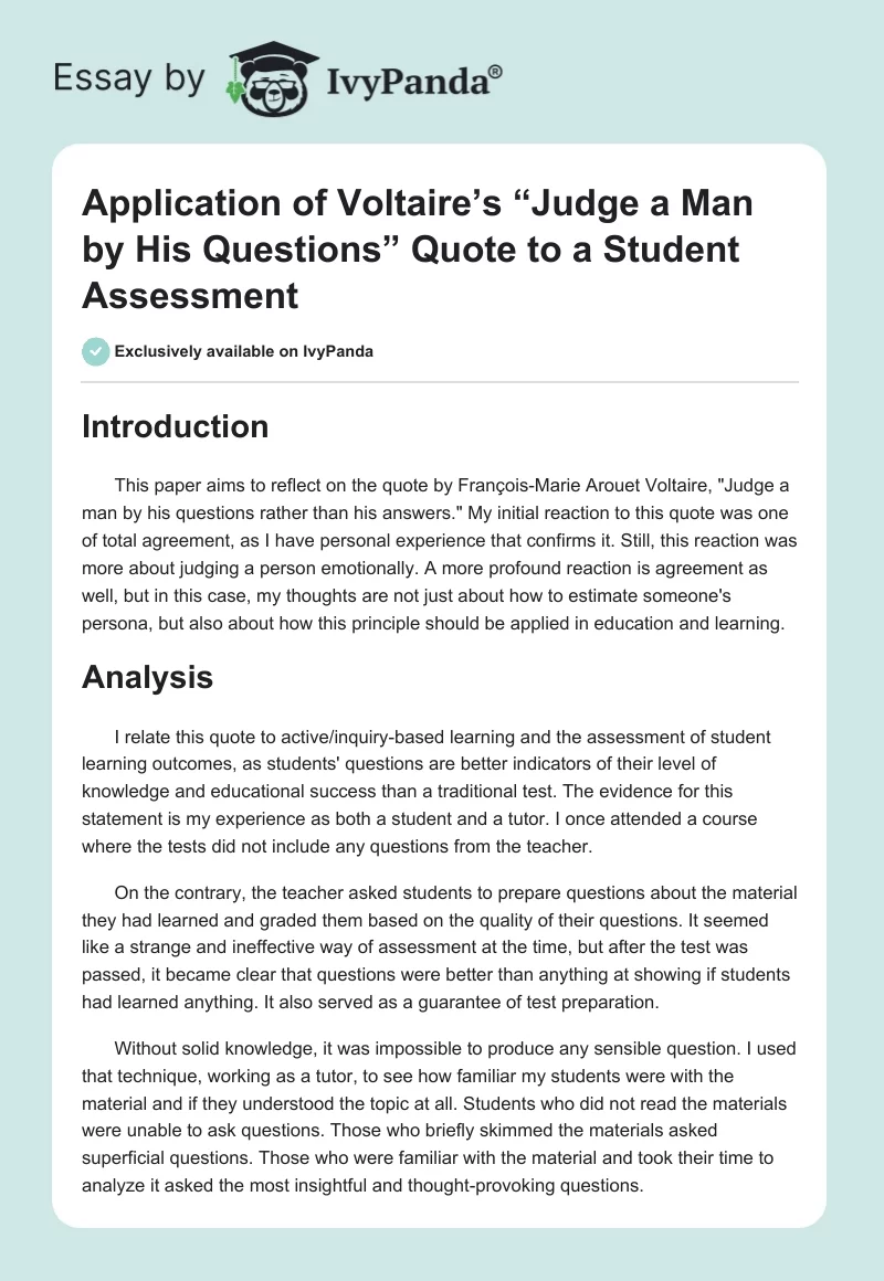 Application of Voltaire’s “Judge a Man by His Questions” Quote to a Student Assessment. Page 1