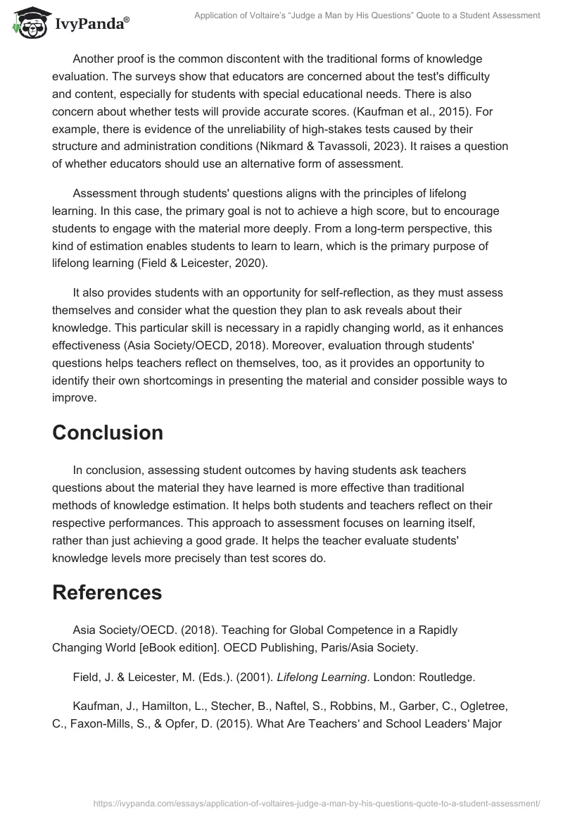 Application of Voltaire’s “Judge a Man by His Questions” Quote to a Student Assessment. Page 2