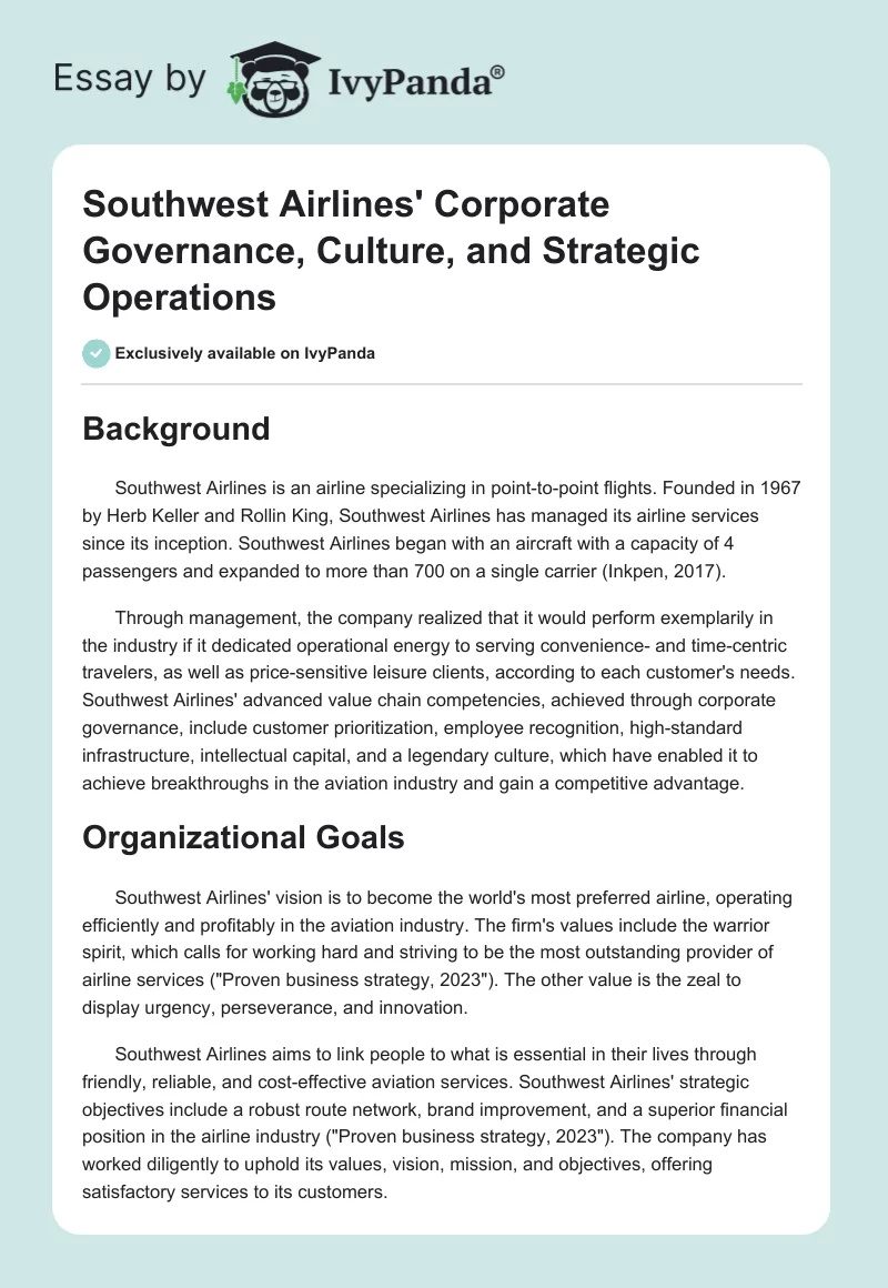 Southwest Airlines' Corporate Governance, Culture, and Strategic Operations. Page 1