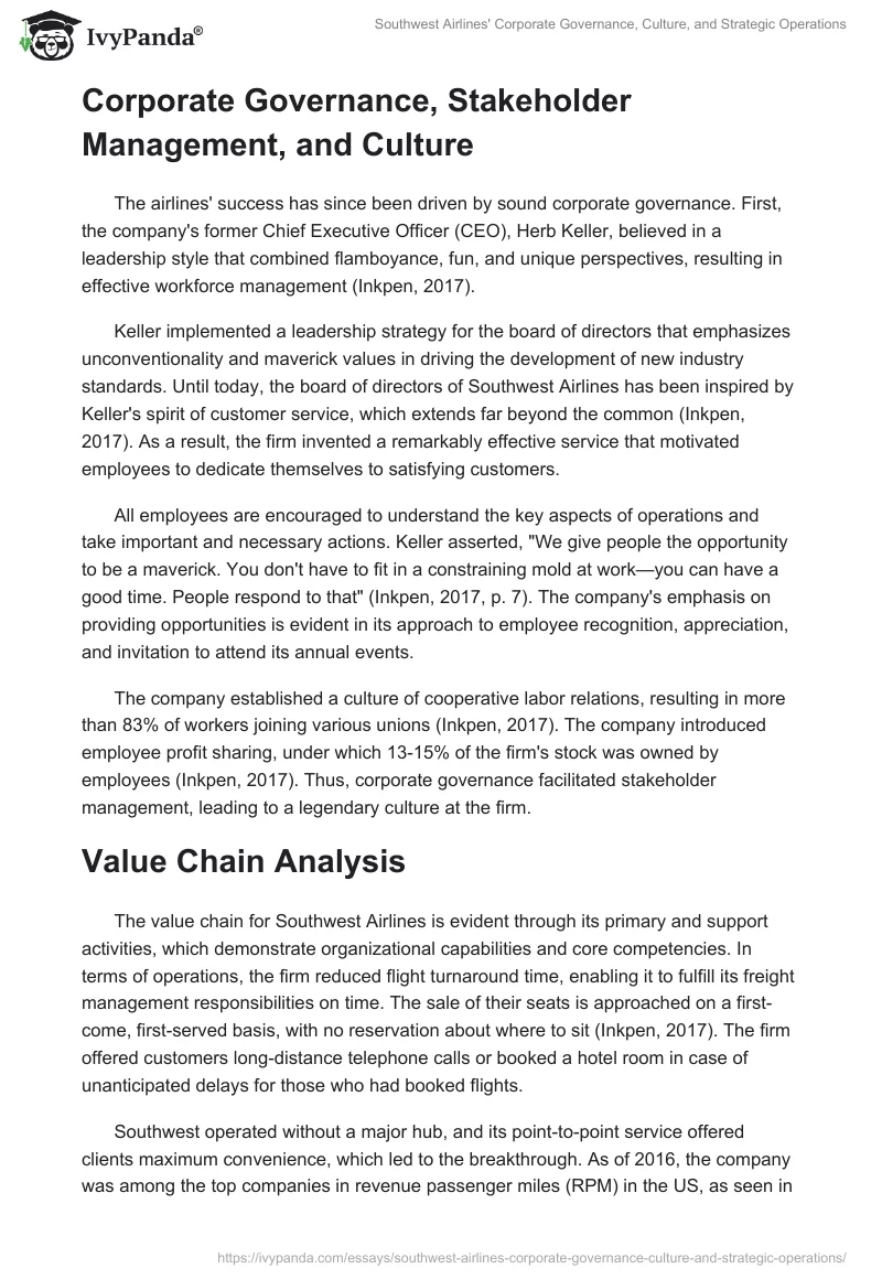 Southwest Airlines' Corporate Governance, Culture, and Strategic Operations. Page 2