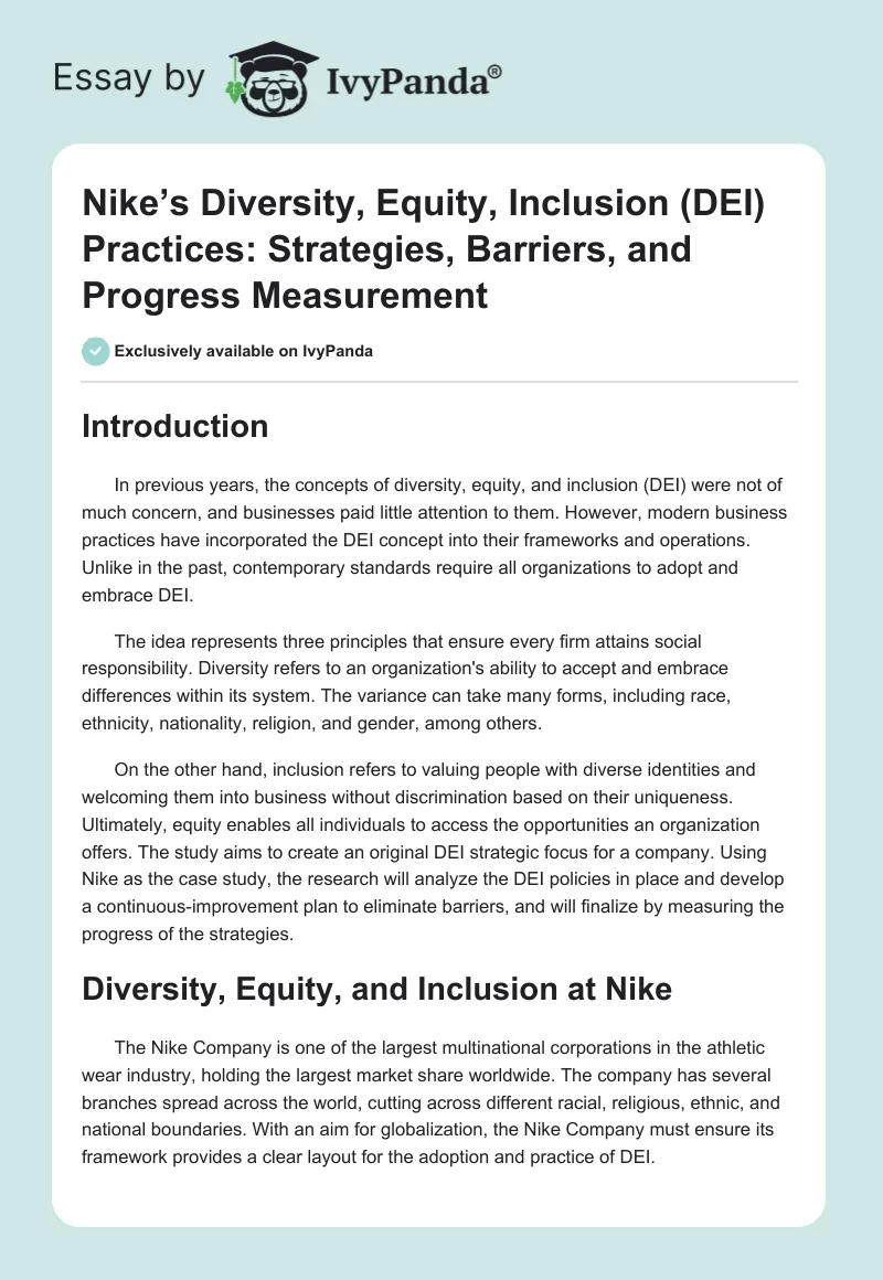 Nike’s Diversity, Equity, Inclusion (DEI) Practices: Strategies, Barriers, and Progress Measurement. Page 1