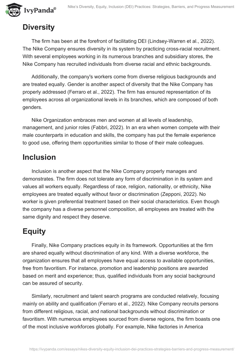 Nike’s Diversity, Equity, Inclusion (DEI) Practices: Strategies, Barriers, and Progress Measurement. Page 2