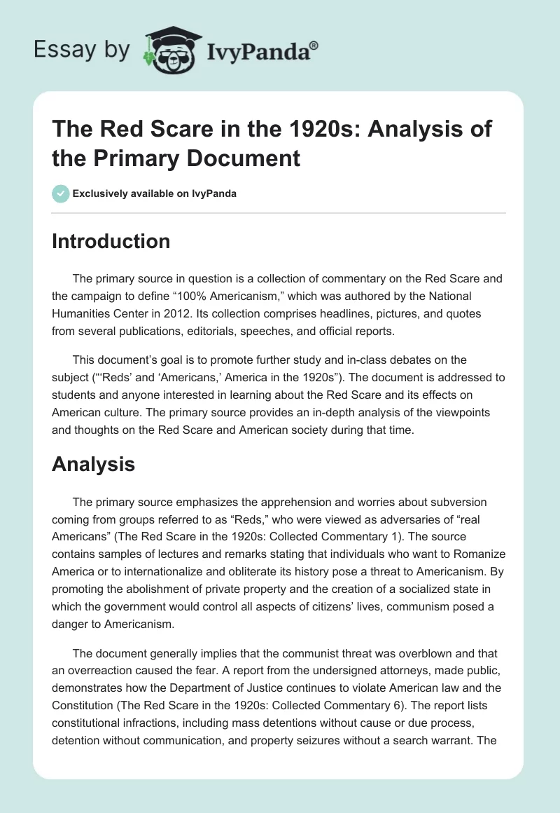 The Red Scare in the 1920s: Analysis of the Primary Document. Page 1