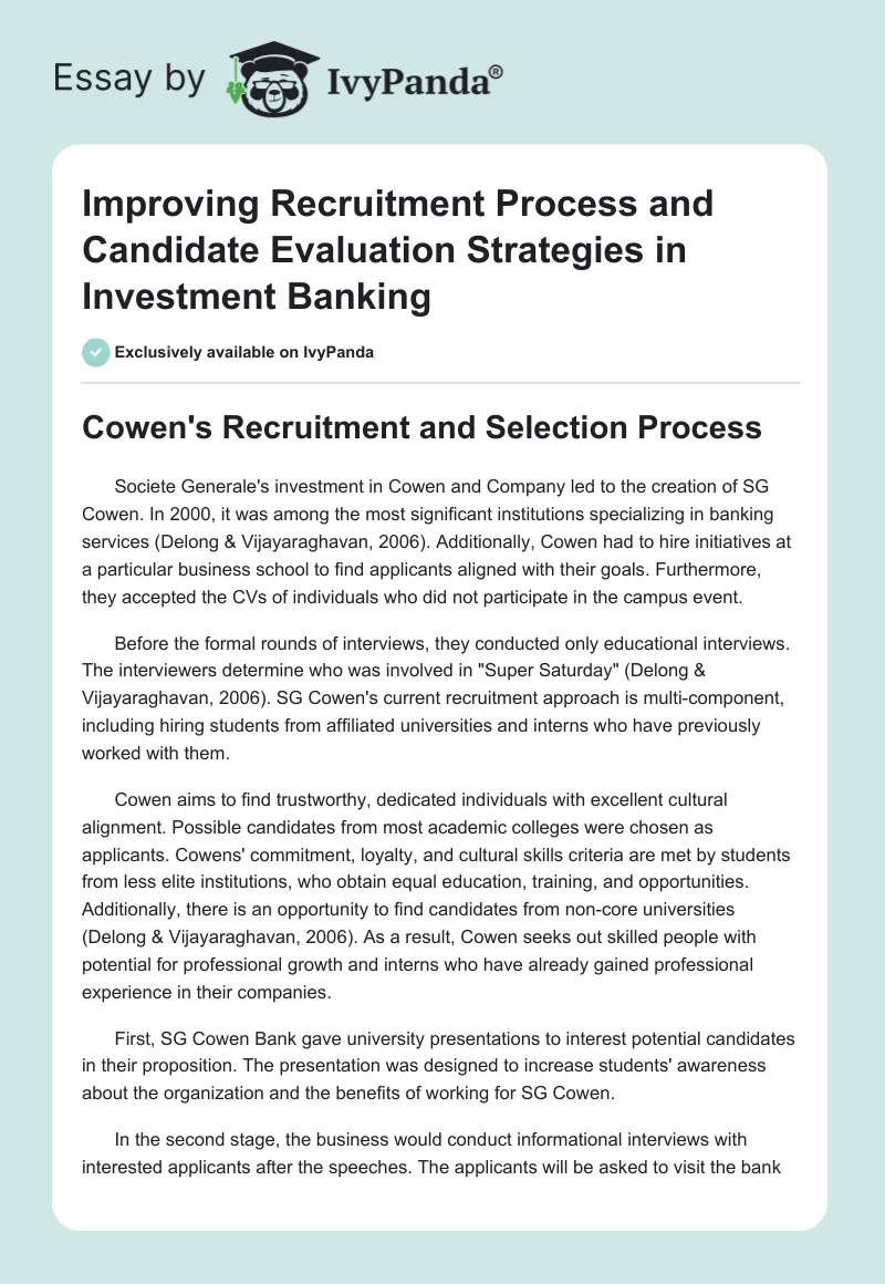 Improving Recruitment Process and Candidate Evaluation Strategies in Investment Banking. Page 1
