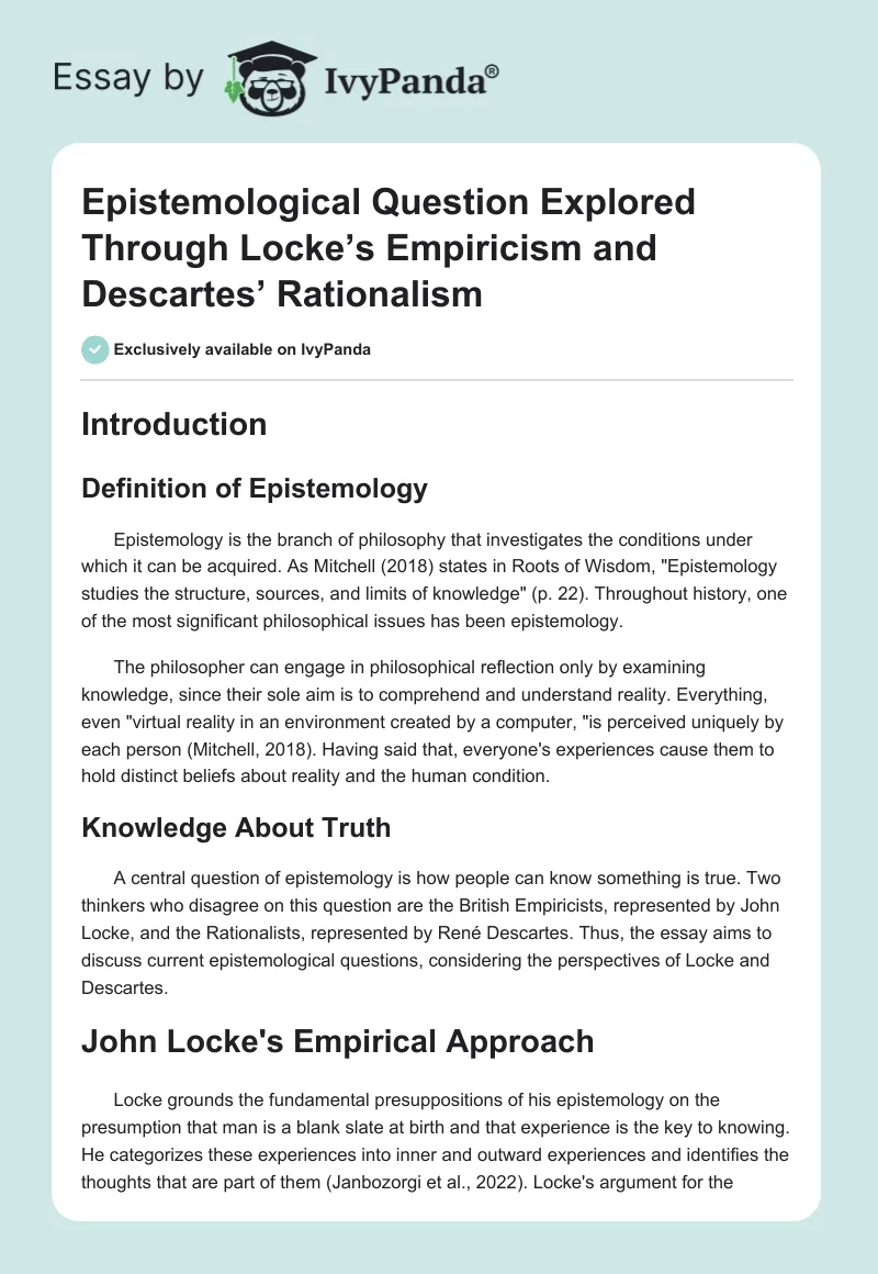 Epistemological Question Explored Through Locke’s Empiricism and Descartes’ Rationalism. Page 1