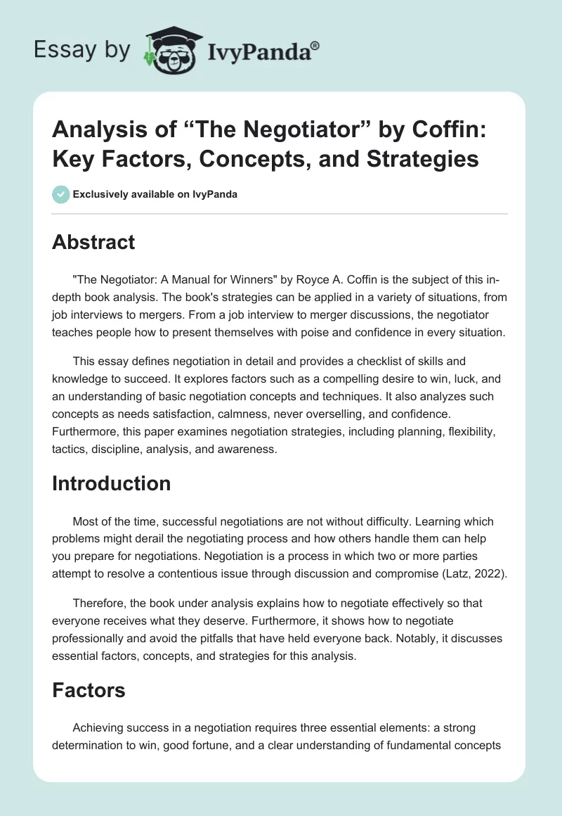 Analysis of “The Negotiator” by Coffin: Key Factors, Concepts, and Strategies. Page 1